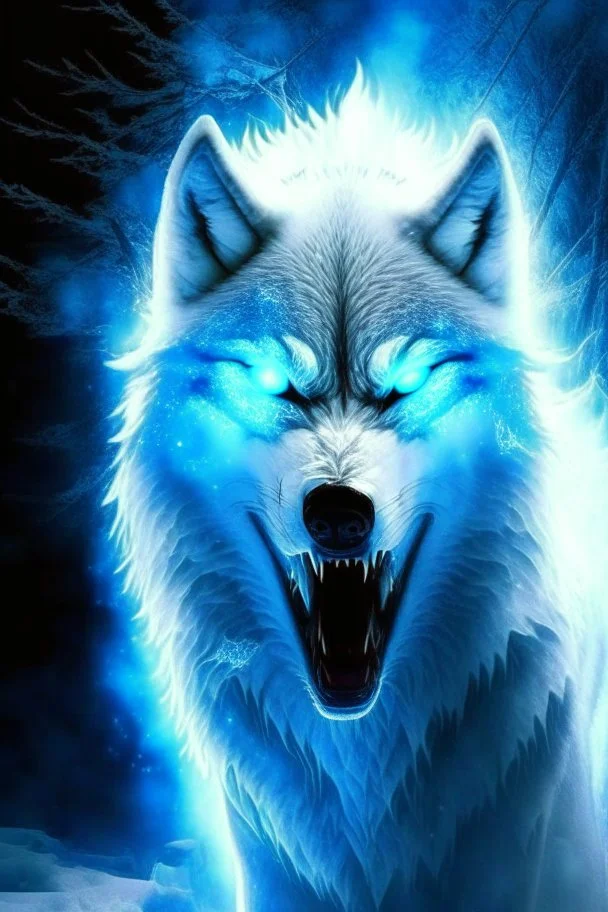 demonic winter white gagantuan wolf beast angry glowing eyes breathing ice blue fire