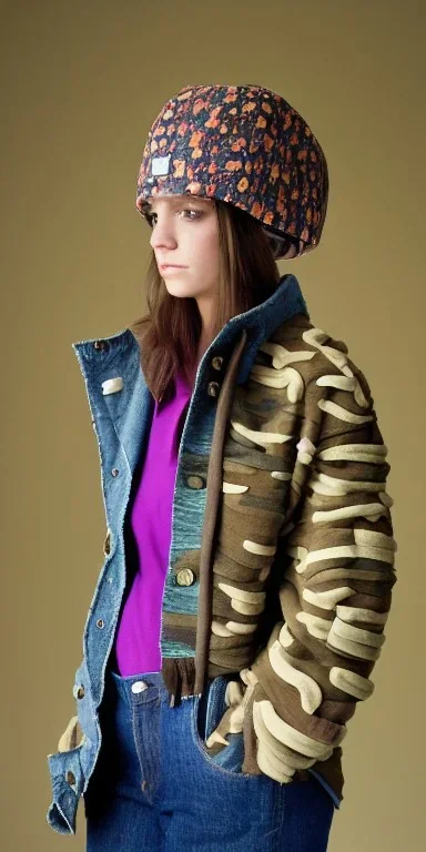 Brunette she. average body type. Mantle is sewed of recycled Denim and sewed together of camouflage pieces. Camouflage colors are orange,terracotta, cream and purple. It is with big bright purple felt tippet and cream-colored-hood. mantle is merged with satchel. . AKG-style headphones (gold rings!) is merged with small felt cap with small visor. Style: Haute Couture in 1936, Paris fashion in 2023, inspired by street art. Cream latex gaiter. Her head and rest body!