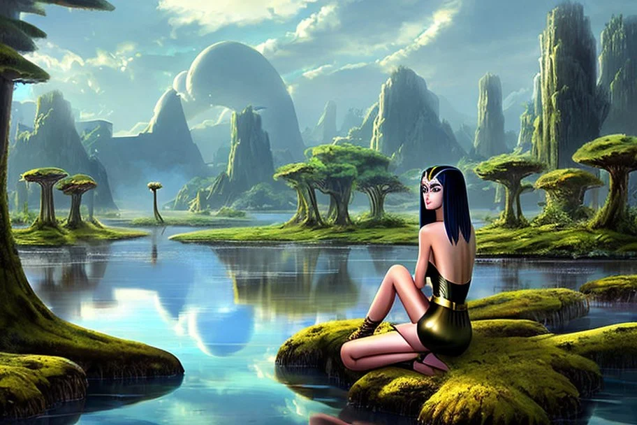 A skinny woman with a Cleopatra hairstyle, short skirt, and knee-high boots, looking out over a lake, in an alien forest, with tall cloud trees, flying mushrooms with octopus tentacles