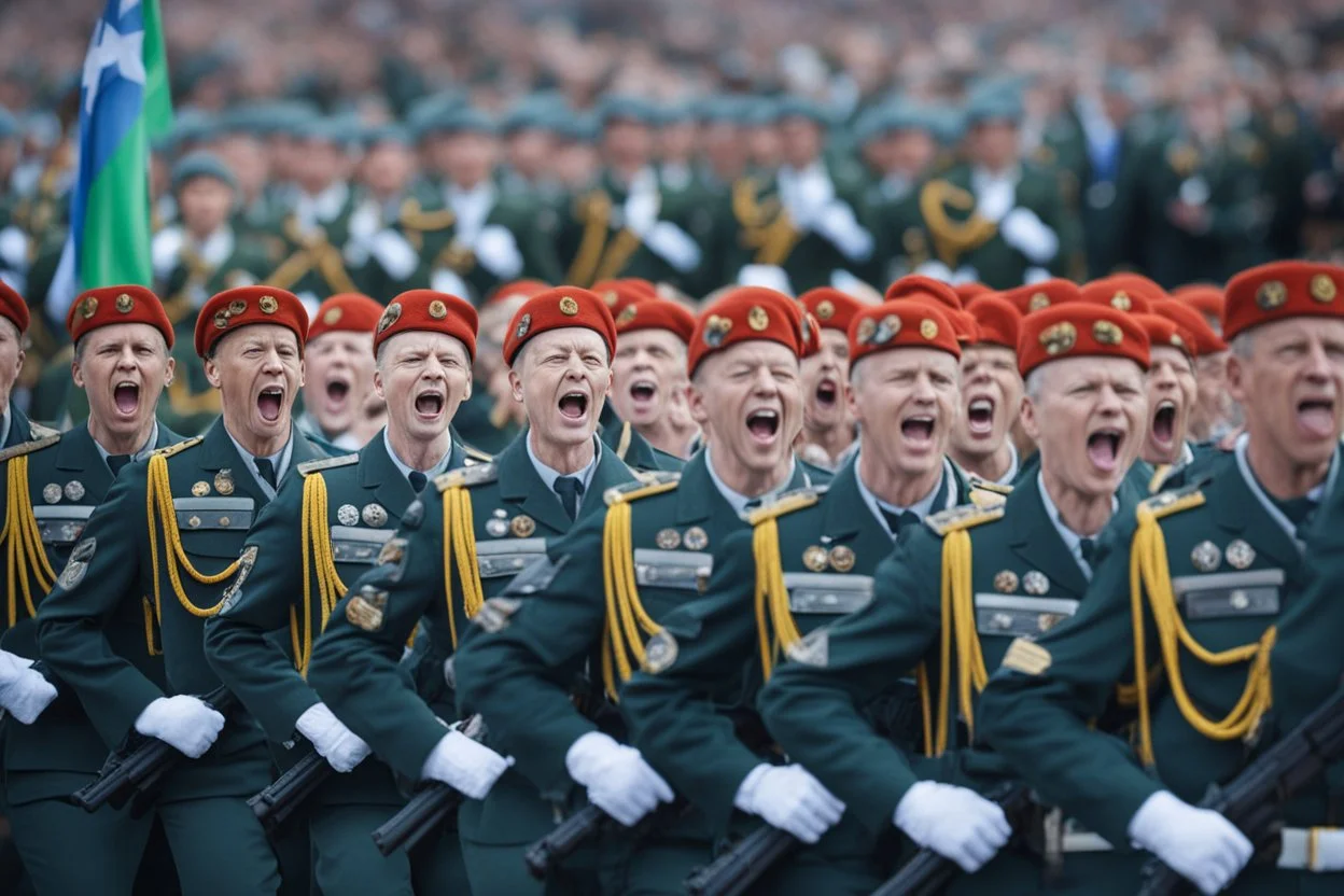 Soldiers marching in formation; military parade; passionately shouting;