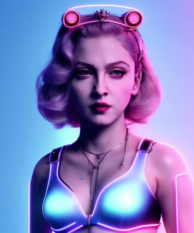 Artist, young madonna, cyber crown, android woman, sweet, blonde, white skin, long eyeliner, purpurin, glossy lips, make-up, color leds lights, cables, short hair, circuits, cyberpunk, latex coat, cyberpunk, neon, portrait, studio photo, unreal engine 5, soft color, 16 bit, god lights, ray tracing, RTX, lumen lighting, ultra deatail, volumetric lighting, 3d, finely drawn, hd.