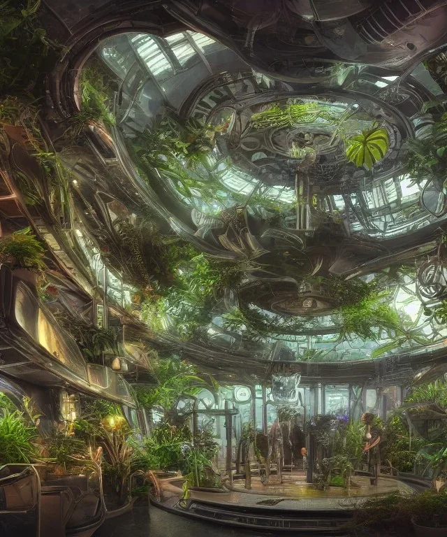 Inside a futuristic steampunk space ship with plants and animals