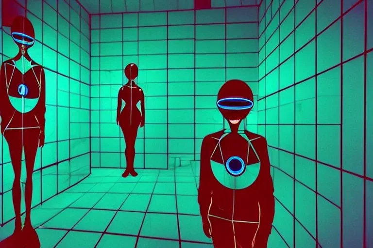 Reflective surface, dark green to cyan body color. Girls with slim body and big butts. Behind. Old-fashioned cameras integrated to heads. Algebraic structure Cyber-punk machines. Surrealistic, closed eyes. Red&blue 3D-tiling. paranoid atmosphere. Soviet propaganda. Partly symmetrical in relation to machines. Perfect golden ratio in vertical and horizontal directions. Deep blue geometrical hexagon in 11th dimension. Tessellation in 6-dimensional space. Perspective derived Cohen structure theorem