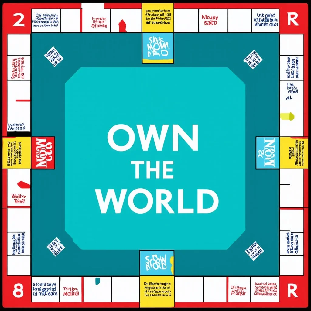create a custom monopoly style board GAME with: 1 row of EQUAL SIDES 12 SQUARE EACH SIDE WITH A BIG SQUARE IN THE MIDDLE. MAKE THE WRITING IN THE MIDDLE SAY OWN THE WORLD ,