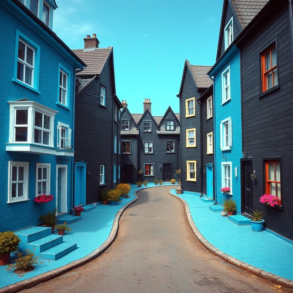 Fotografia di strada assurda e falsa cozy blu weirdcore dai colori vivaci. Fantasy land. Escher. Non luogo falso, inusuale. Max Ernst. Le case sono false e dipinte di nero chiaro con cose stilizzate e dettagli. Ci sono finestrelle false quadrate, che danno un senso distopico e molto surreale, disposte in modo casuale. L'atmosfera generale sembra noiosa e onirica, con un contrasto tra elementi reali ed elementi dipinti falsi, René Magritte, oddest things