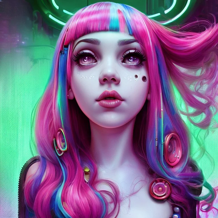 singer Melanie Martinez face, beautiful cyberpunk, hyperdetailed, hair two tones,