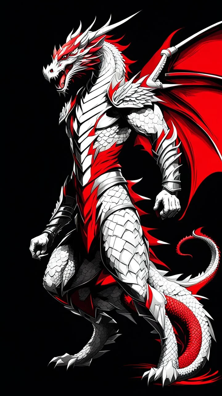 Dragonman art illustration black background red and white color full body