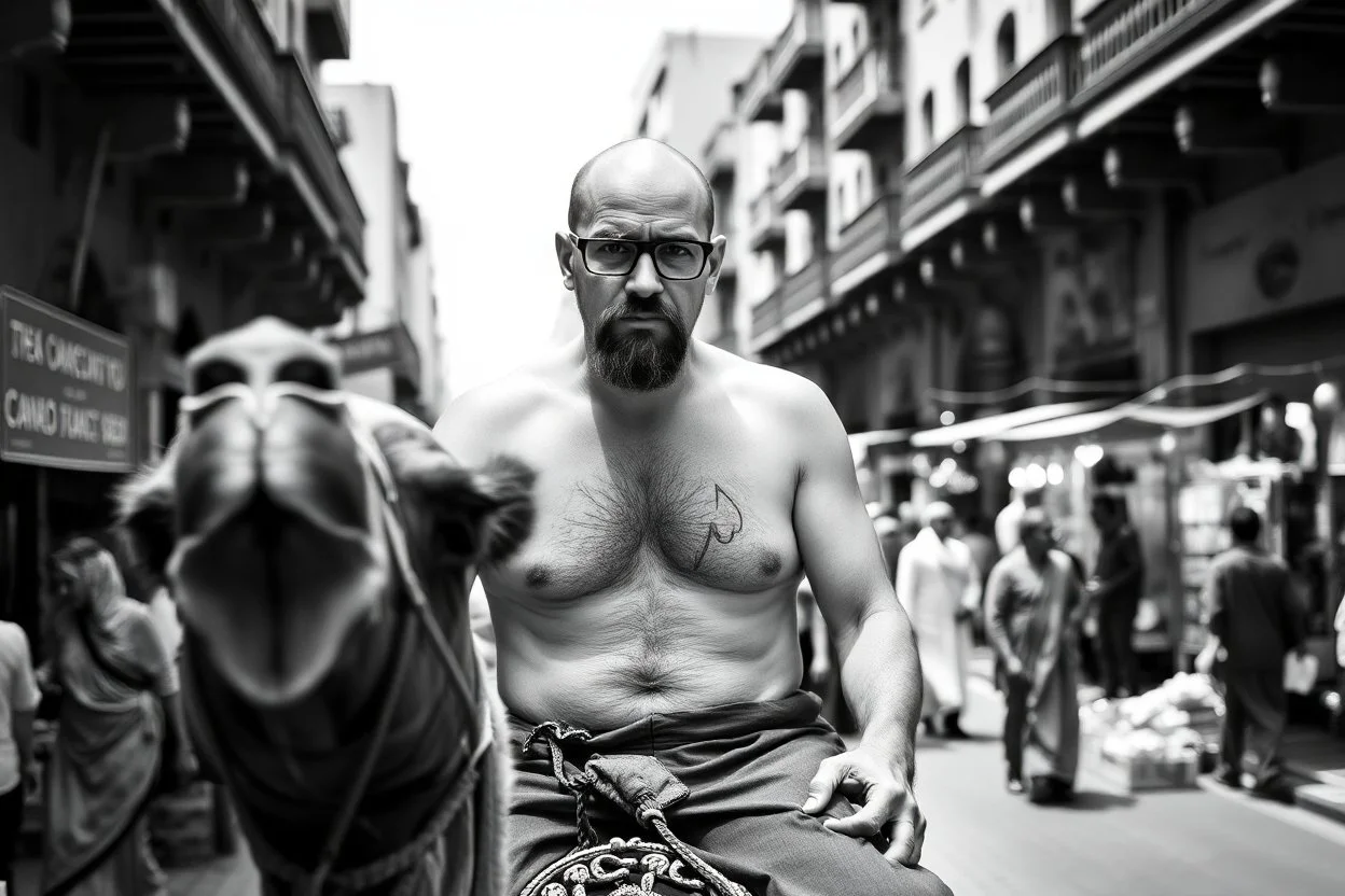 man looking like "Walter White" in breaking bad tv show, bald and goatee glasses, with bare chest riding on a camel in a alley Casablanca town, panorama, black and white photo, lot of markets and people in background