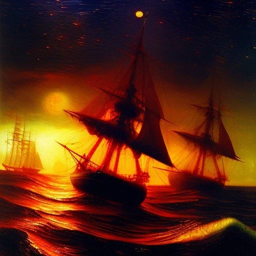 The Humungus Octopus Monster, Red Glowing eyes, coming out of ocean,attacking sailboat, by van Gogh 8k