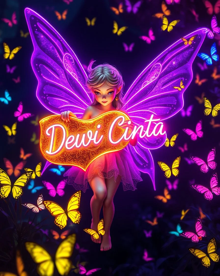 hyper realistic magical scene featuring a delicate beautiful fairy with glowing vibrant purple wings holding a glossy shiny vibrant golden sheild written find details 'Dewi Cinta' in cursive font, Surround the fairy with numerous vibrant multi coloured neon butterflies fluttering, background dark enhancing the enchanting and whimsical atmosphere of neon garden, ultra HD sharp focus