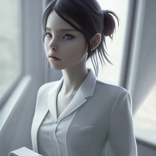 Anime, female student studying by the window,perfect face, cool face, ultra detail, unreal engine 5, cinema4d, sun light, studio lighting --ar 1:1 --v 4