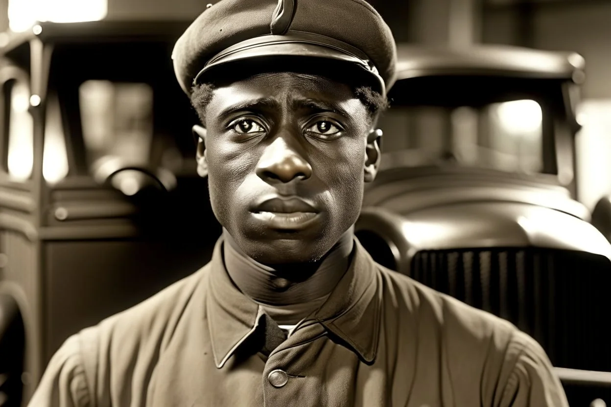 ww1 black driver talking close-up standing up looking to the camera, ww1 garage background