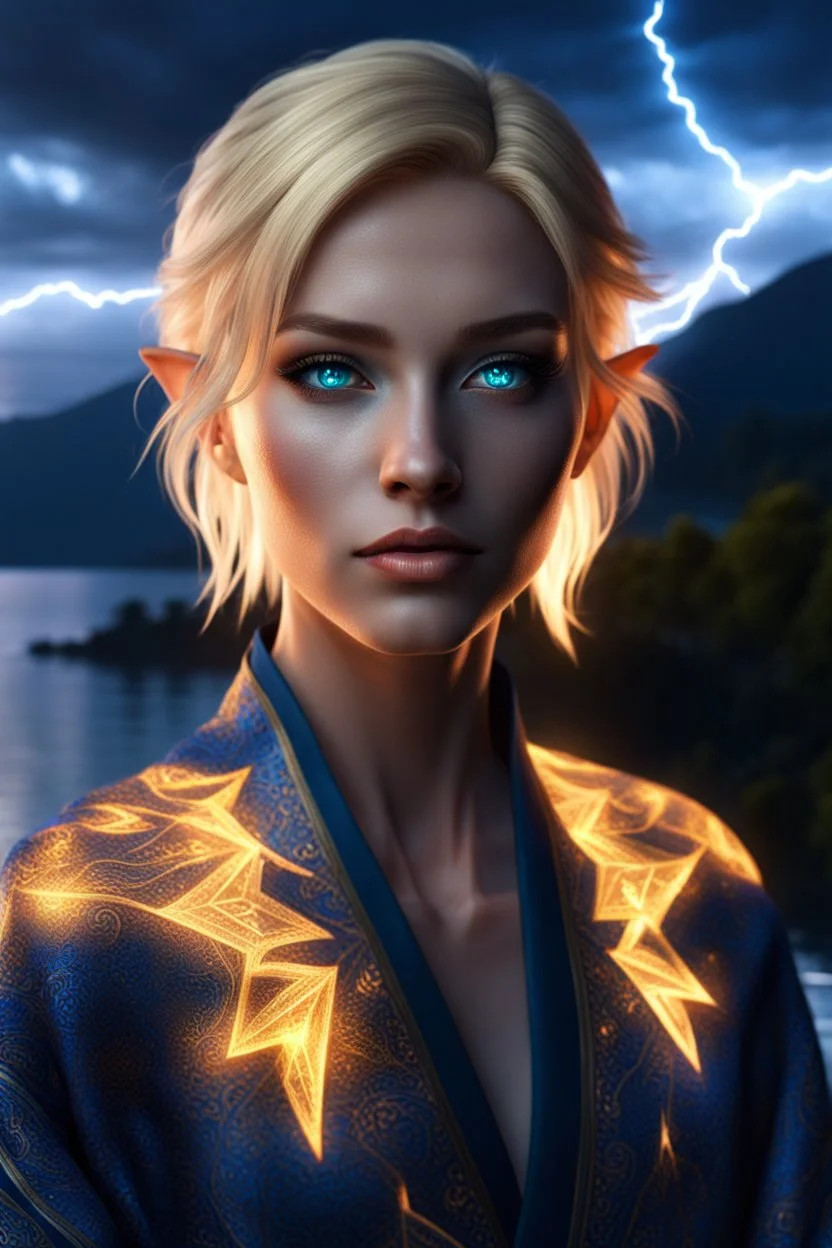 detailed eyes, female danish half elf, curvy, blonde short hairstyle, head to knee shot, detailed glowing ornamental magical pattern form fitting robe, glowing gem crackling with lightning implanted on robe, 8k, high detail, lake background, midnight, facing viewer, front facing, volumetric lighting