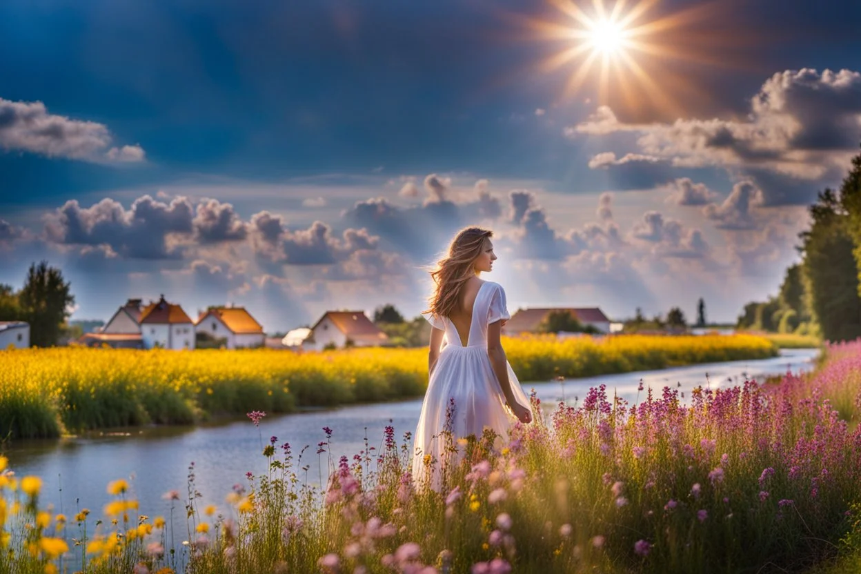 Young woman in flower field in country side ,river, houses,blue sky ,nice clouds,god rays