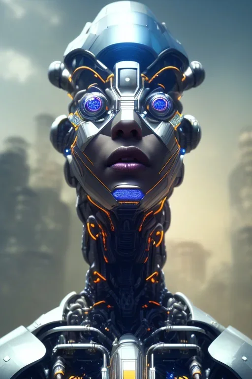 portrait,beautiful african robot, post-apocalyptic in a cyberpunk city, realistic, intriacte detail, sci-fi fantasy style, volumetric lighting, particales,highly detailed,cinamatic, deep