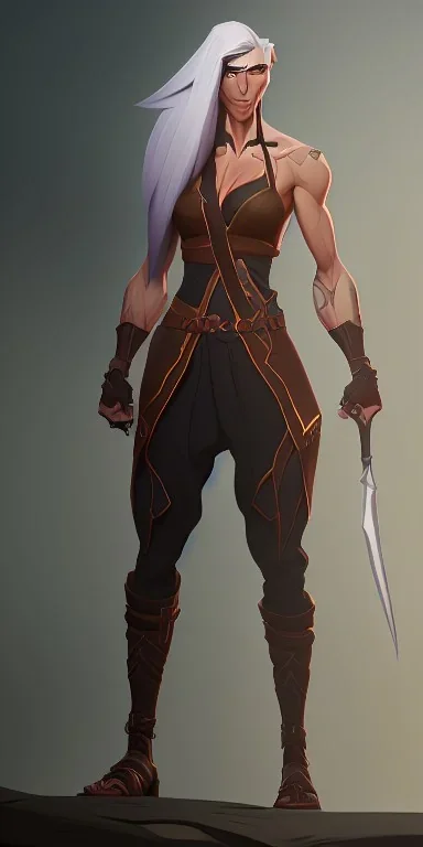 A tall muscular warrior androgynous woman with short blond hair