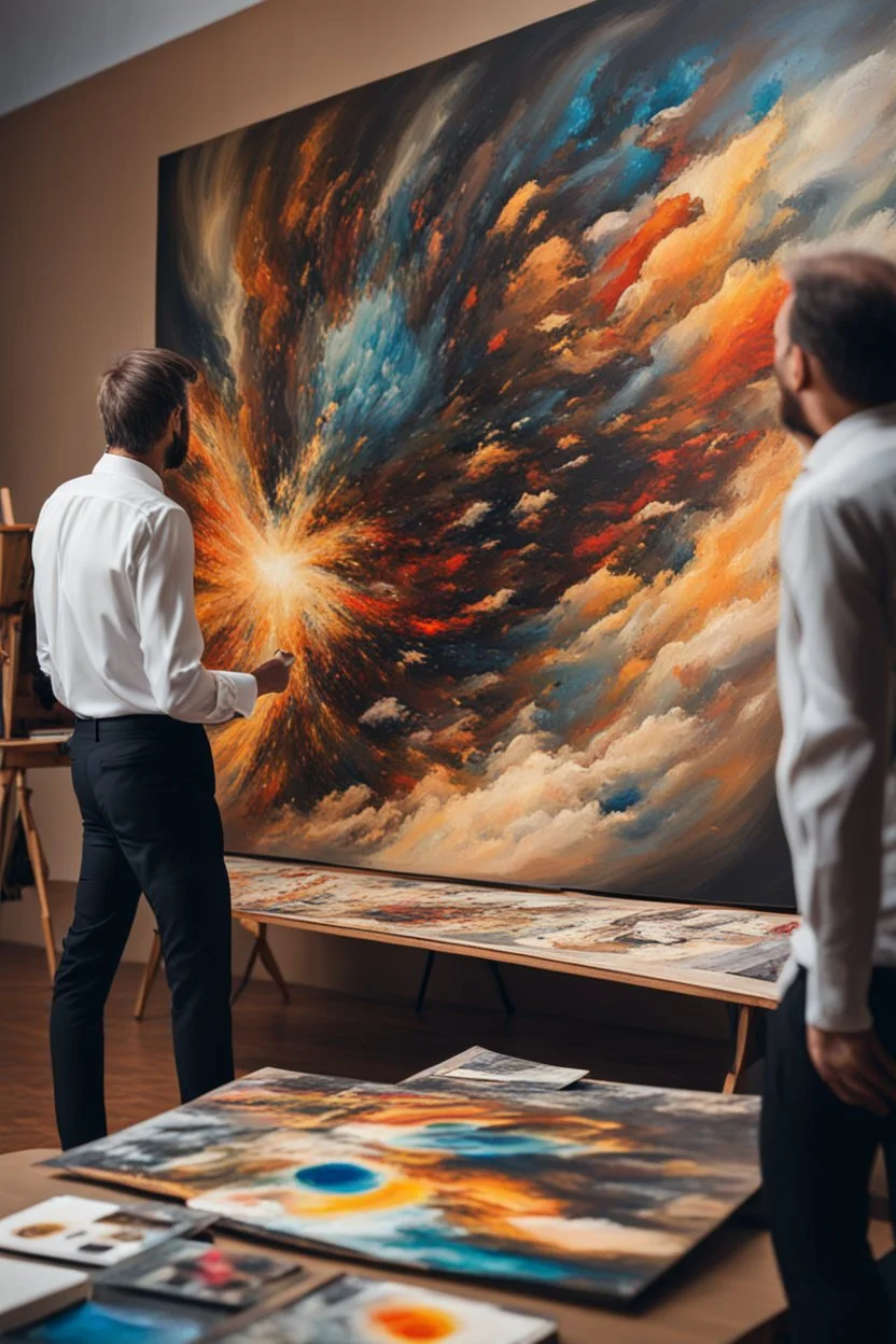 A artist is looking at his canvas painting, the painting is exploding towards him with memories and images that was painted, abstract, weird,8 k, , high quality