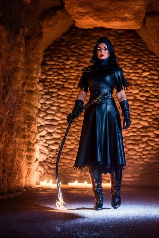 mature evil witch in black leather hobble dress with a whip in her hand, big chest, angry face, inside a dungeon