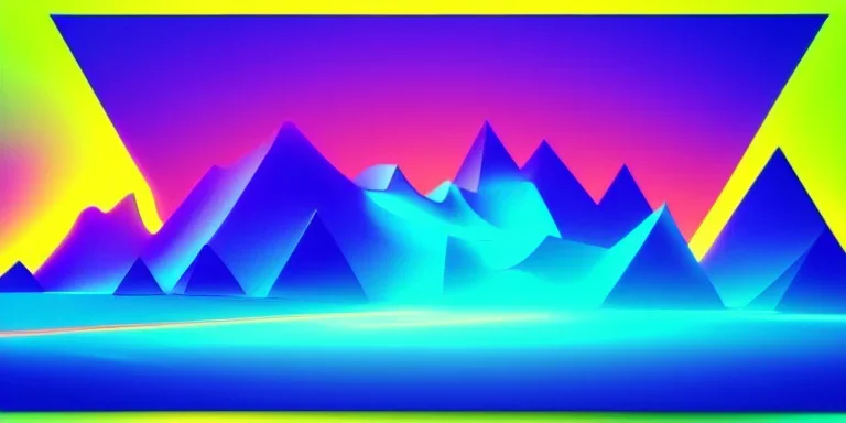 3d rendering. Abstract futuristic neon background. Fantastic landscape with glowing geometric triangular frame and mountains