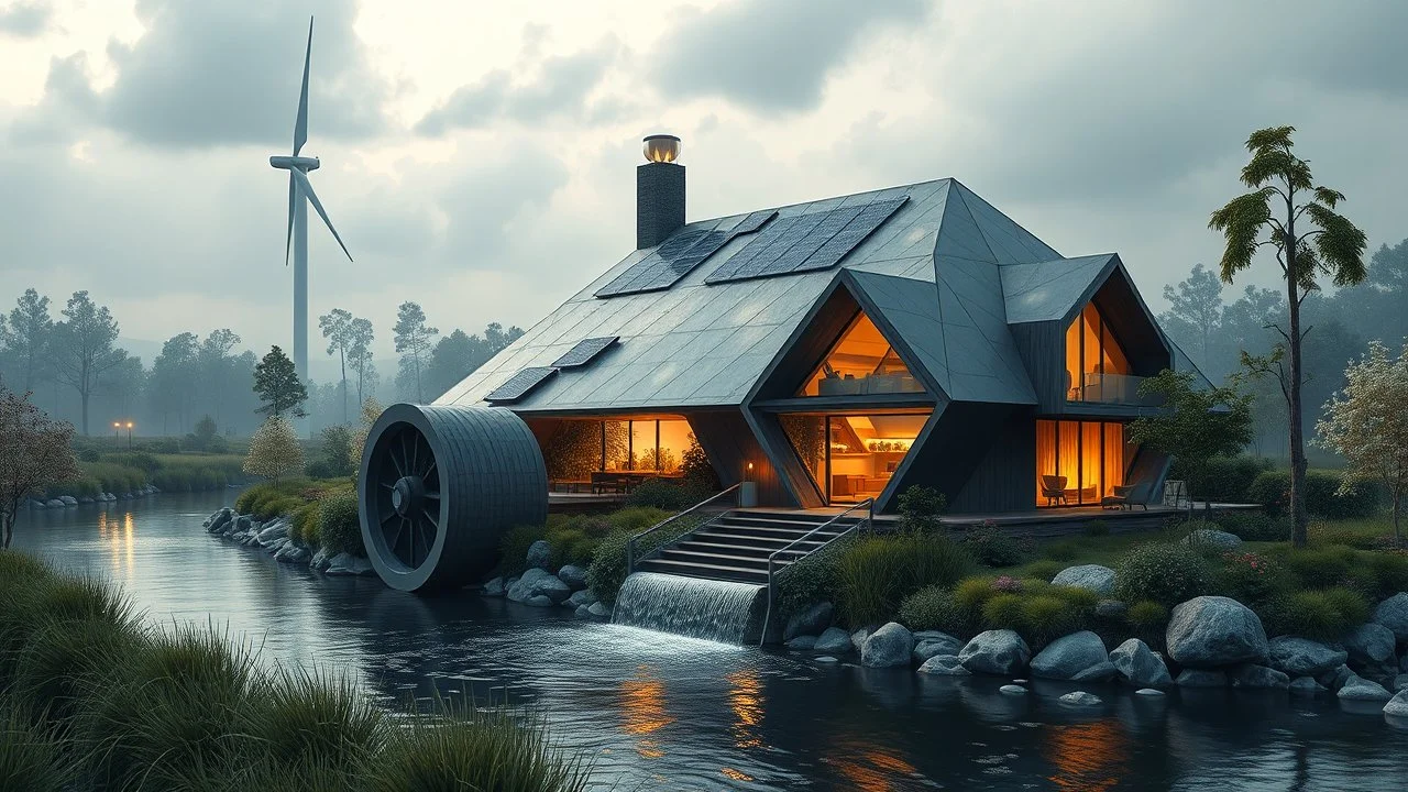 2031. Innovative environmentally-friendly home, solar panels, water wheel in river, alternative energy, wind turbine, scientific experiment, home of the future, amazing geometric architecture, fantasy, robotic, magic, automated, spectacular, futuristic, practical, beautiful lighting, attractive composition, photorealistic, extremely detailed, chiaroscuro