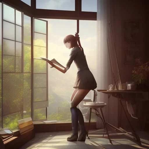 Anime, female student studying under window, studying lesson, perfect face, cool face, ultra detail, unreal engine 5, cinema4d, sun light, studio lighting --ar 1:1 --v 4