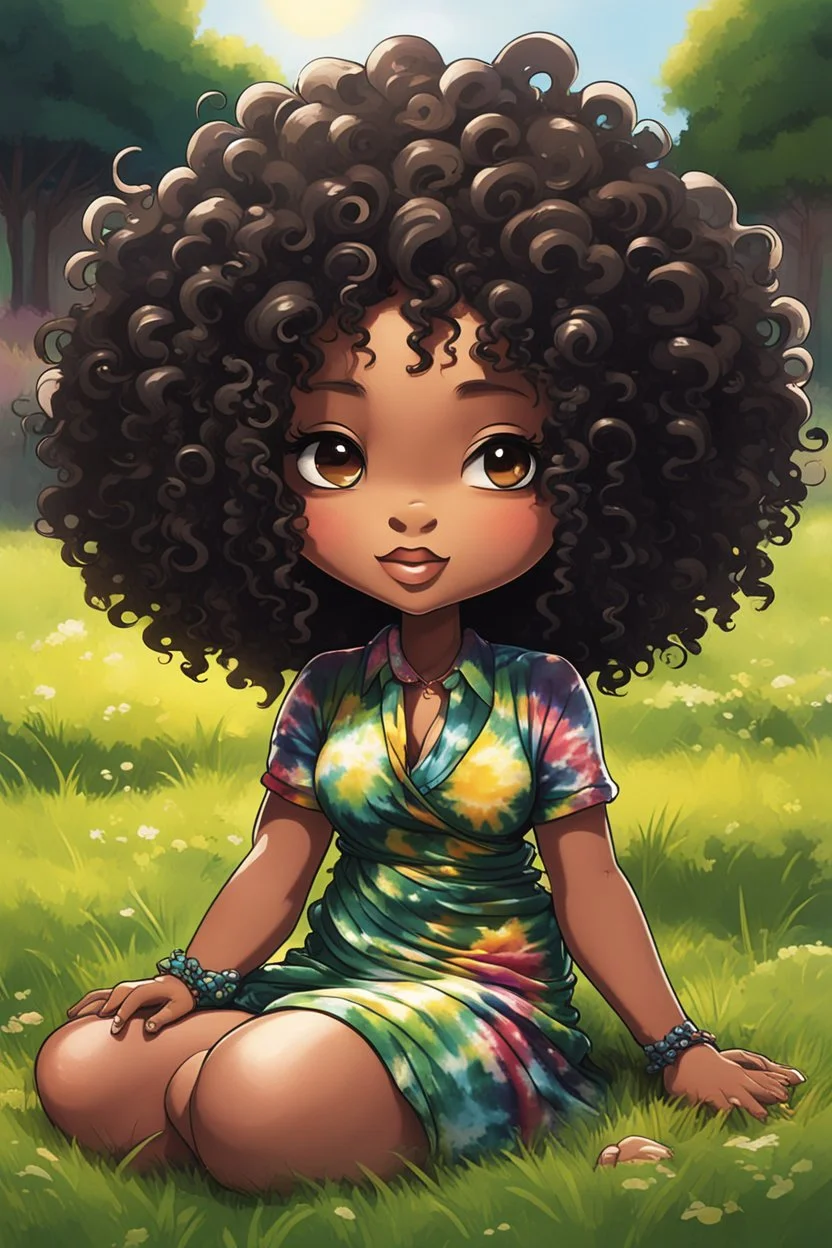 An graffiti art image of a chibi black cartoon of a curvaceous woman with flowing of tight curly afro of black hair that's highly detailed, wearing a tie dye maxi dress. She sits relaxed on the grass facing the warm sunlight, which illuminates her face as she looks to the side with a small smile, accentuating her prominent makeup and brown eyes. with green and hot pink roses all around