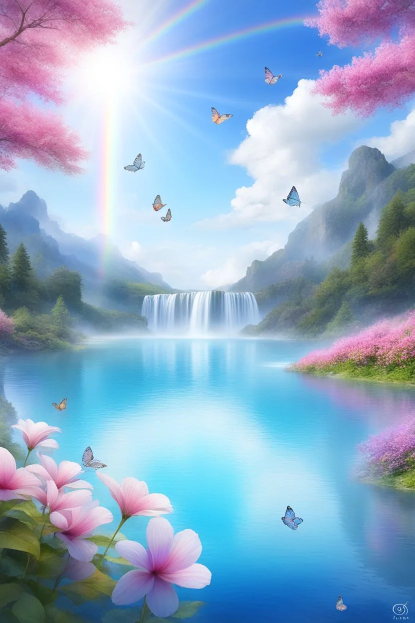 fantastic,Beautiful garden, flowers,rainbows, cascades arc en ciel, papillons colorés