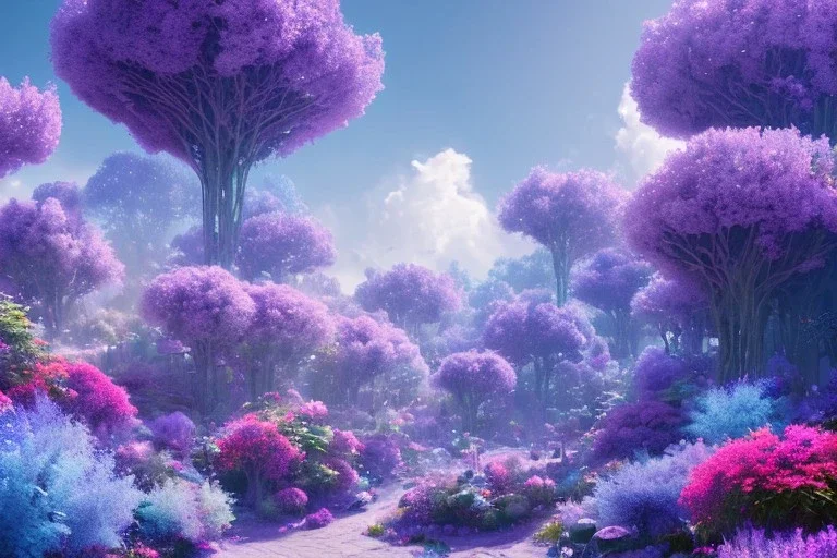 monde en fleurs bleu pink fuksia, concept art, crépuscule , trees bleu pink violet oranger, vibrant Color, réaliste, kwiaty maki rozowe