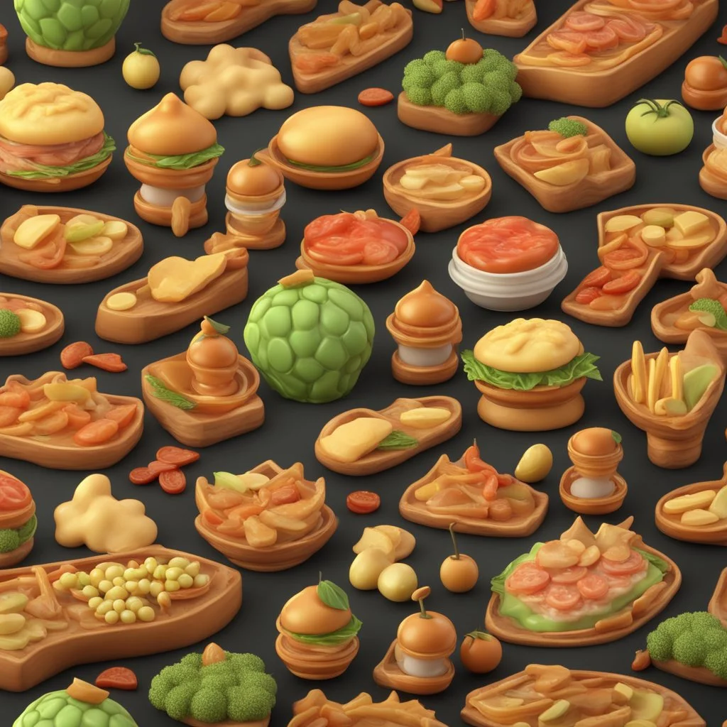 fantasy savoury food empire. illustration 3d style. HD. glowing