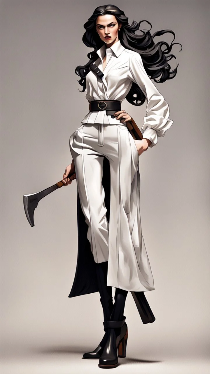 Full body character design, athletic female with black wide legged and high waisted pants, white blouse, face made of white porcelain in a Greek sculpture style , long hair, holding a trench cleaver, flat leather pouch on belt, thick heeled shoes