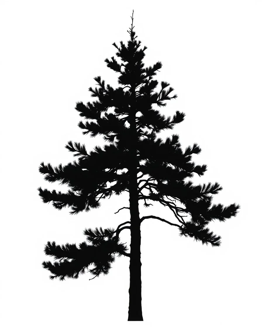 sprice/pine tree silhouette, black on white detailed