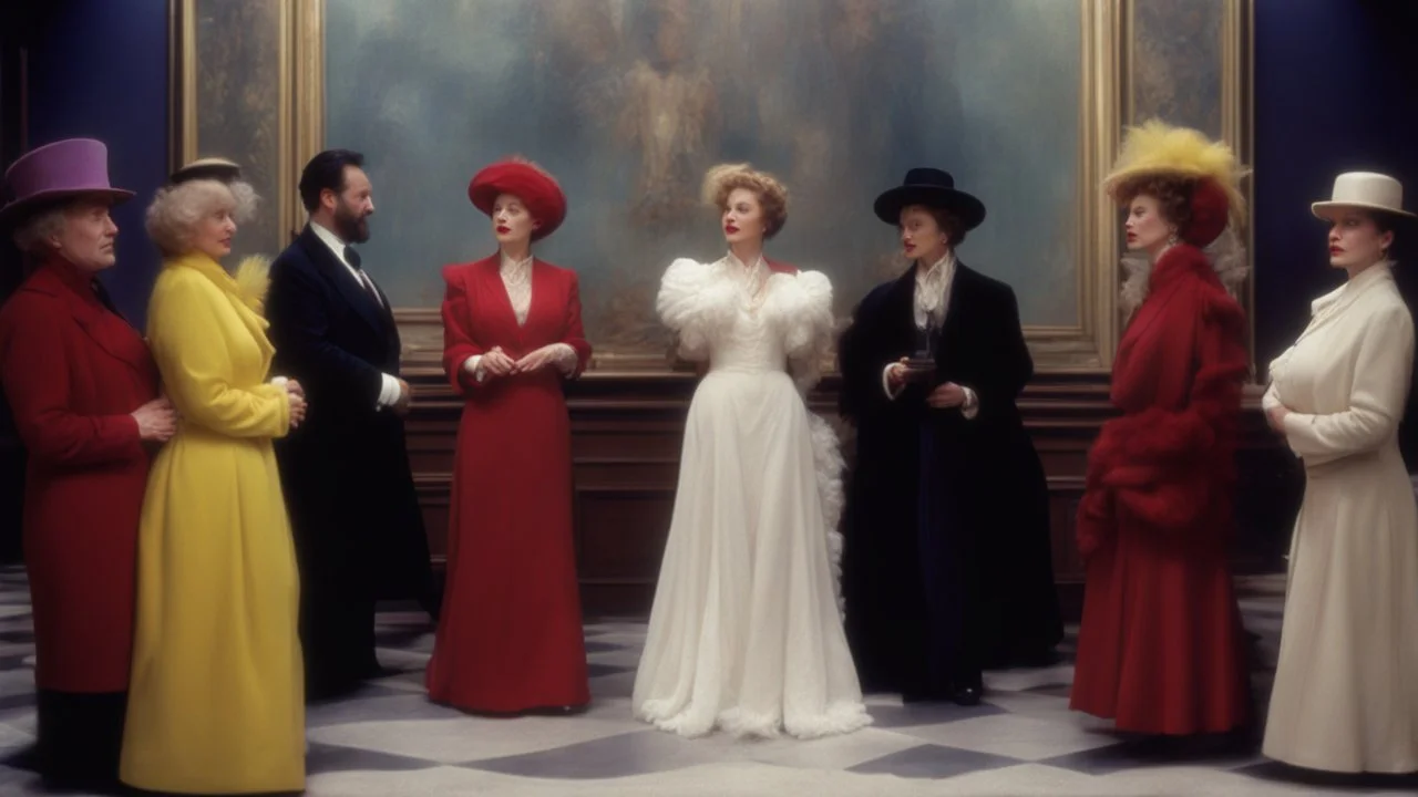 [a scene from Angel Heart, the movie (1987)] A tableau of intrigue: Miss Scarlett in red allure, Colonel Mustard in yellow-ish authority, Mrs. White in crisp black and white efficiency, Reverend Green in serene greenish robes, Mrs. Peacock in regal blue elegance, and Professor Plum in luxurious purple eccentricity. Together, they embody the enigmatic narrative of our novel.