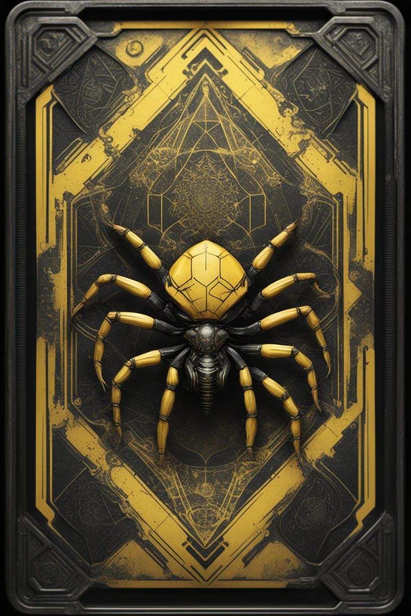 sacred geometry framed playing card, black and yellow crab wolverine scorpion spider with shadows boss card in the style of Giger and fallout 4 ,,bokeh like f/0.8, tilt-shift lens 8k, high detail, smooth render, down-light, unreal engine