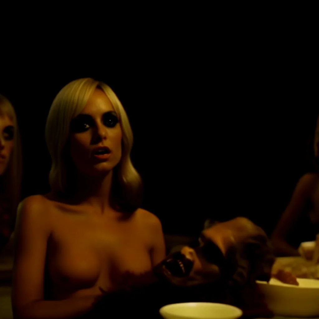 Horror movie shot, spooky, hot, ultra realistic, dine, horns, ultra realistic hot blonde women, year-end party, pieces of meat, organs, hot, ail, dynamic, hot, very excited people, hypermaximalist figures, light, 1970's Italian horror movie, sinister,, Dario Argento, Stanley Kubrik, ornate, 4k, photorealism