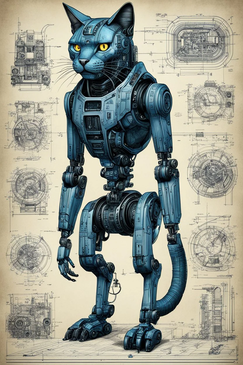 Hand drawn full body illustration by Wayne Reynolds , with detailed blueprints and engineering schematics of dark robotic monster cat with highly detailed facial features, detailed drawings, 8k