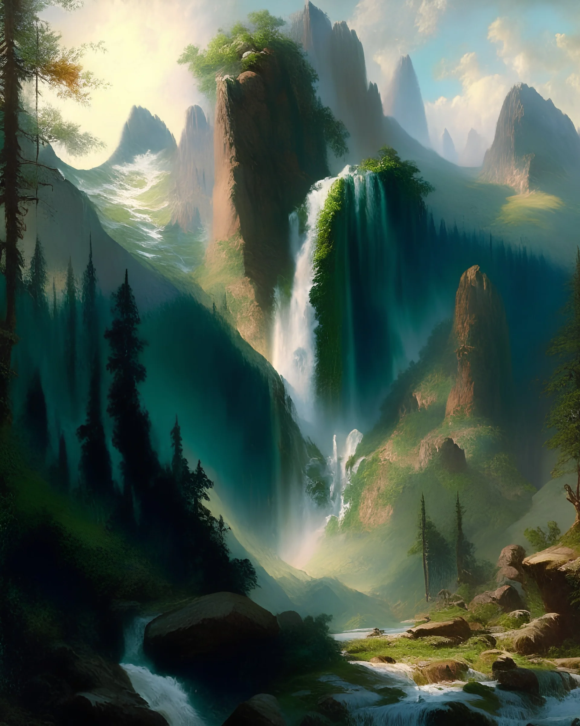 A scene of a majestic mountain range, with a cascading waterfall and lush greenery, in the style of Albert Bierstadt and Thomas Moran, with a sense of grandeur and awe-inspiring beauty.