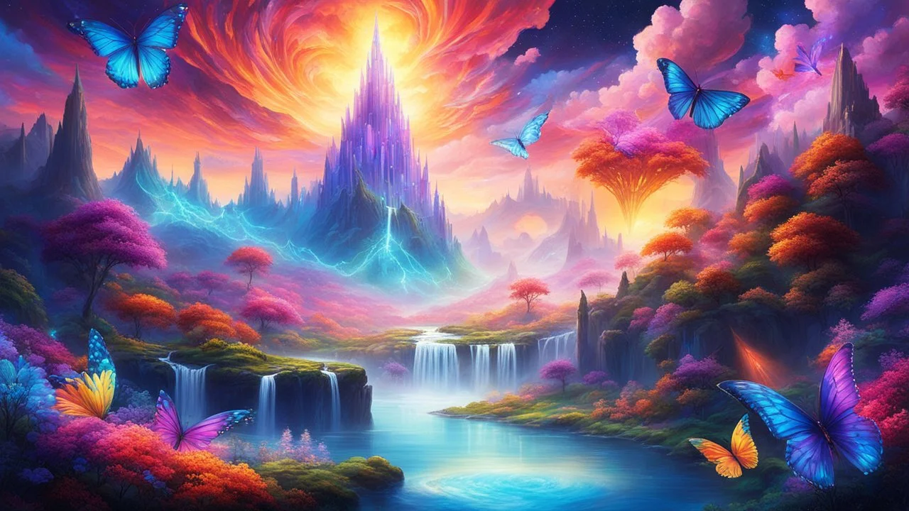 In a realm where colors ignite with energy, neon rivers wind through cloud valleys. Crystal spires pierce star-painted skies, and waterfalls of light cascade into vibrant abysses. Giant butterflies with fiery wings flutter amid floating islands of glowing flora, as energy dragons streak across the horizon. Welcome to the Chromatic Carnival, where every moment bursts with vibrant energy and every dream is a spectacle of color!