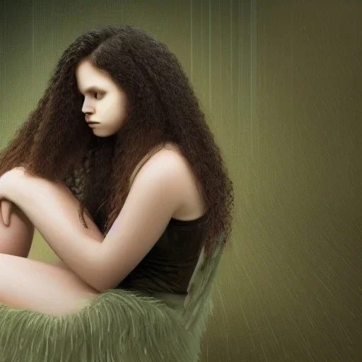 sad girl sitting on a chair under the rain, long hair, beautiful, high details, dragon tatoo on the leg, short dress, curly hair, green eyes, realistic, 4k