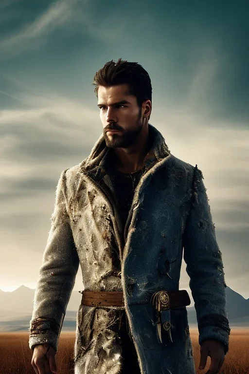 Generate an image of a man on a midjourney through a vast, open landscape. The man is tall and muscular, with rugged features and piercing eyes. He is dressed in worn and torn clothing, a testament to the trials he has faced on his journey. Despite the challenges he has faced, he stands tall and unbroken, his determination and strength shining through. Include key words such as 'midjourney,' 'open landscape,' and 'determined' in the image