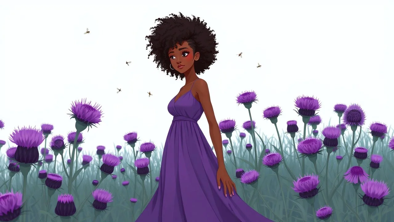 The image is a digital illustration of a young woman standing in a field of purple thistle flowers. She is wearing a long, flowing purple dress and has curly hair that is styled in an afro. The woman is looking off to the side with a serious expression on her face. In the background, there are several flies flying around her. The sky is a pale blue and the overall mood of the image is dreamy and ethereal.