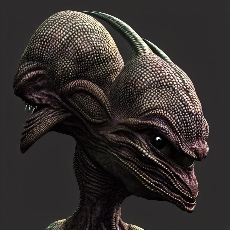 Scary alien with dark rough skin with scales