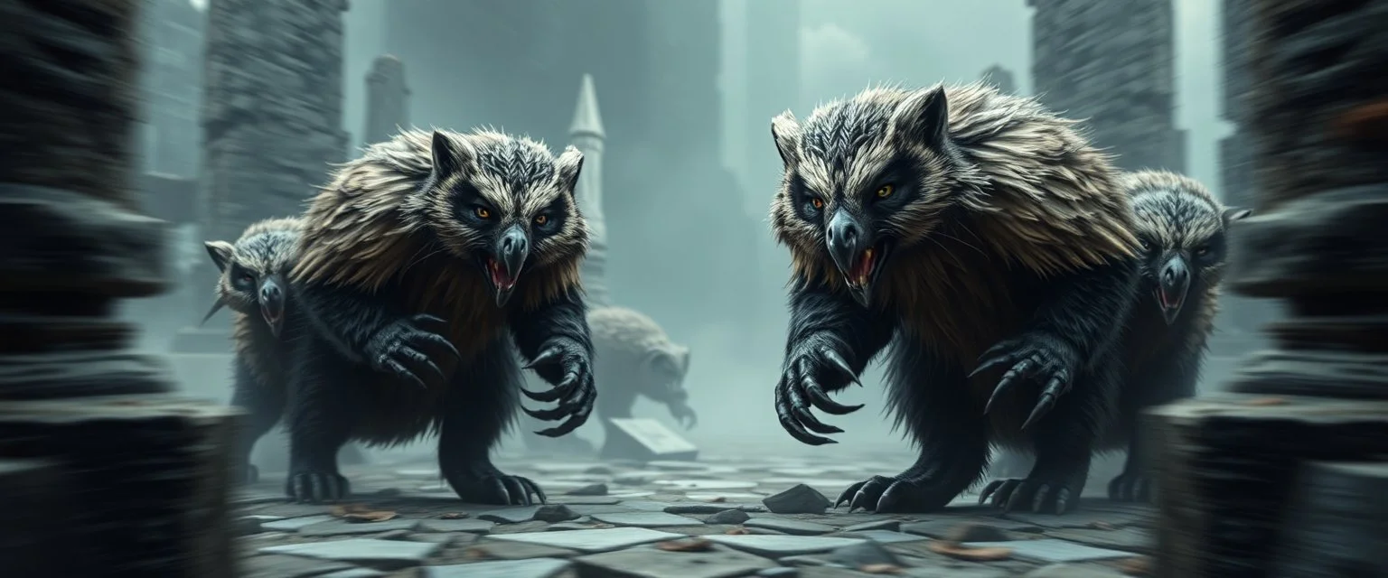 bad ass Owlbears badger overlord with some kobolds, hyperrealism, motion blur background with black stone pillars as frame