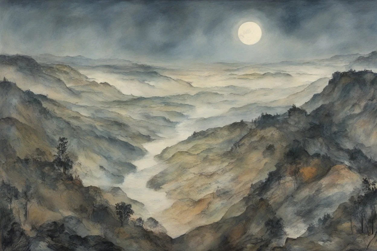 Aerial view painting of an expansive mist laden, rock strewn river forest landscape, pierced by shafts of pale moonlight , in the Expressionist style of Egon Schiele, Oskar Kokoschka, and Franz Marc, in muted natural colors,