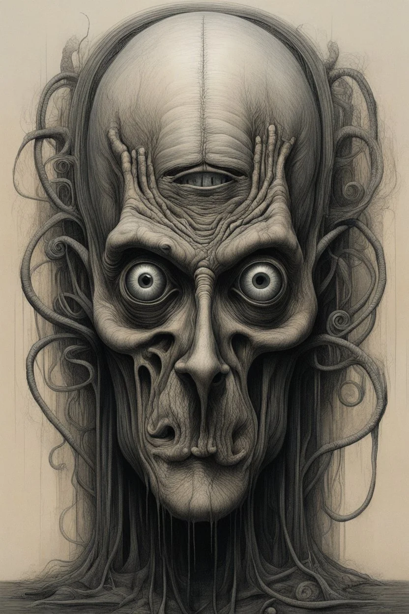 The full body of strange face or an old man , a thin line draw ،front view camera, decayed and rotting with grotesque proportions and imagery. surreal horror, eye mask on the face , biomechanical design, by hr giger and beksinski , Busch painting style