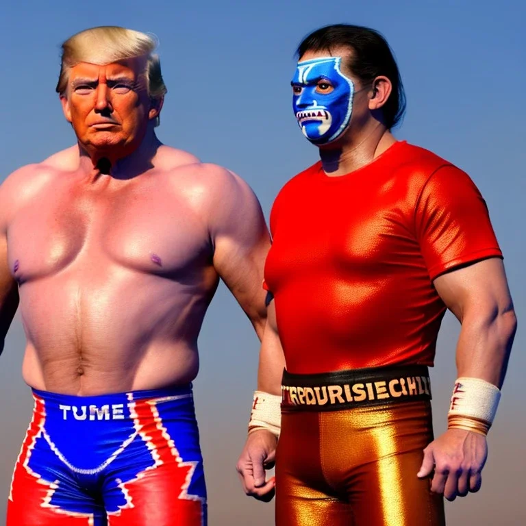 Realistic image of Donald trump wrestler, Mexican wrestling style, Mexican wrestling eyes mask, red and blue breeches, glow confederate flag dress, suspenders, retro style, 80s, vibrant color, highly detailed, sky background, concept art, unreal engine 5, god rays, ray tracing, RTX, lumen lighting, ultra detail, volumetric lighting, 3d, finely drawn, high definition, high resolution.