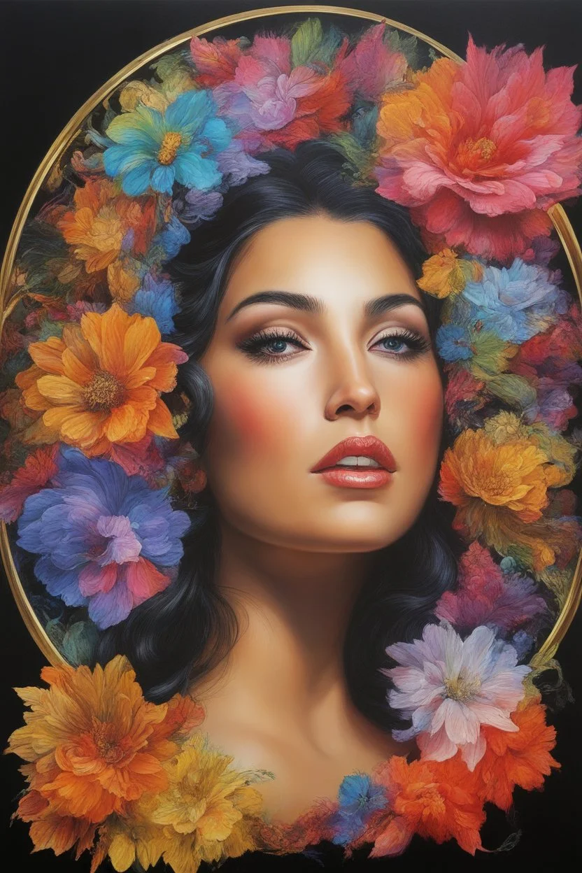 Vina Malik's face inside a small gold circle, multicolored, large, Floral/rainbow designs, atmospheric, beautiful, bright, vibrant colors, pitch-black background, oil painting by Boris Vallejo, 4k UHD, Photorealistic, professional quality