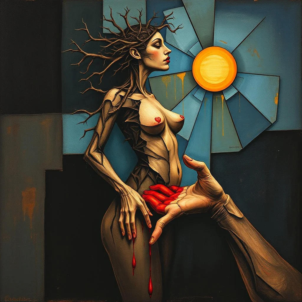 A cubist interpretation in the style of Pablo Picasso. A woman formed from angular creosote branches, her thorny body reaching toward a fragmented sun. A distorted hand, dripping red, touches her from below. Earthy palette with intense blues, reds, and dark contrasts. Emotive abstraction and symbolic fragmentation. --v 7 --style raw --ar 1:1