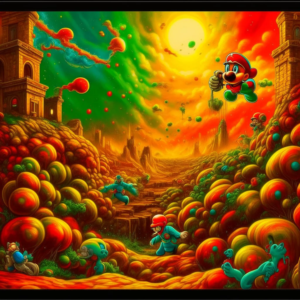 chasing super mario platefor a high definition screen shot of a ancient comic book cover detailing the creatures found on other worlds, retrofuturistic, phototrealism, Macabre Rapture End of days Revelation scene, isanely detailed matte oil painting, sinner apotheosis,diagonal composition, unbalanced, abstract surreal horror, eerie, scary warm a colorful splash of steampunk bubbles , amazing splashscreen artwork, photoshop water art, liquid painting, swirling paint colors, ink splash,