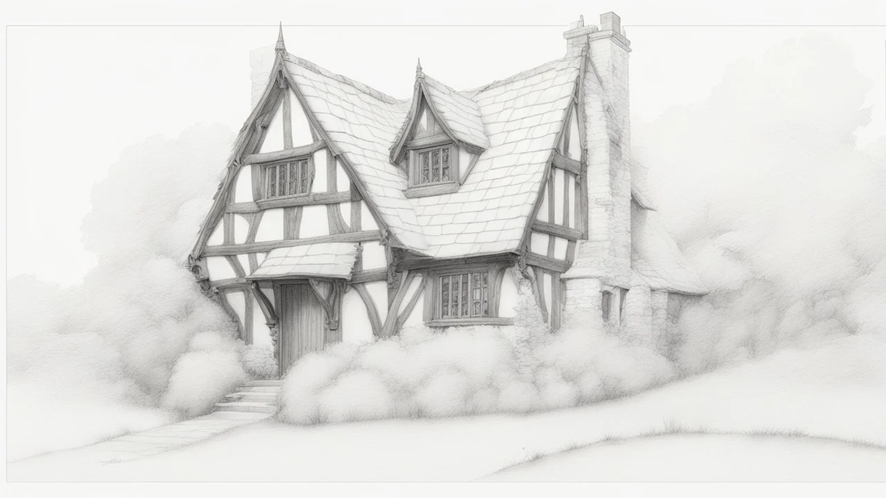 A front elevation fine-line pencil drawing of a partially collapsed Tudor fantasy cottage.
