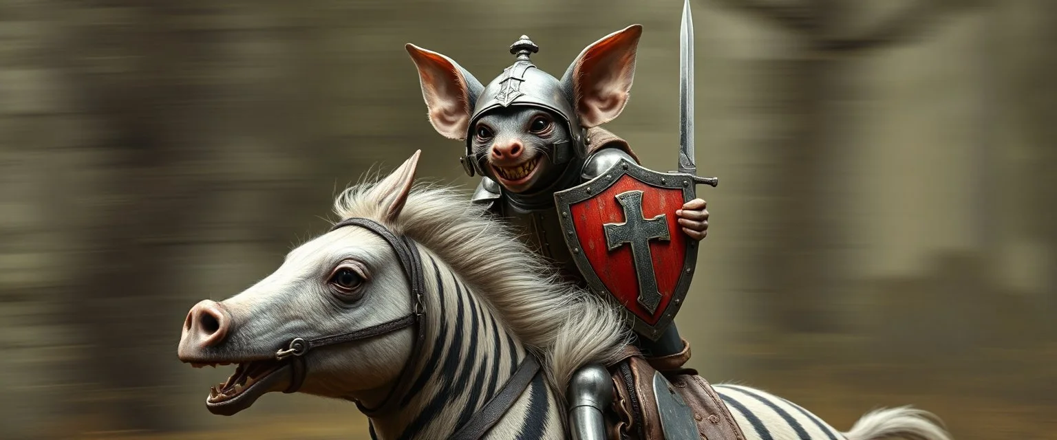 Close up on two headed mouse troll. Horse jumping over a mote. Background blur. Fast Chase. The Large Gremlin with knights metal full armor, chest plate, leather in the back, helmet, and small sword and a red shield, smiling wide with white teeth, and sitting atop a weird striped pig horse, in the Style of Rembrandt and Fallout 4(Fantastical Mouse/Rat Gremlin Count) This creature blends realism with fantasy, appearing as a mythical forest dweller